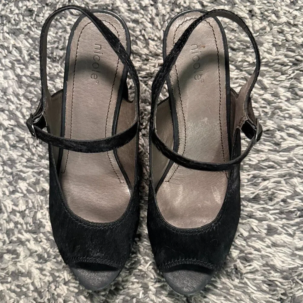 Nicole Black Pony Hair Platform Peep Toe Heeled Sandals Size 10 New Never Worn